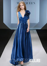 Riva |Long Royal Blue Metallic Prom Dresses Websites With Deep V - neck A - Line 3D Flowers - Price #price_variant_lowest# - Royal Blue - PromDressClub